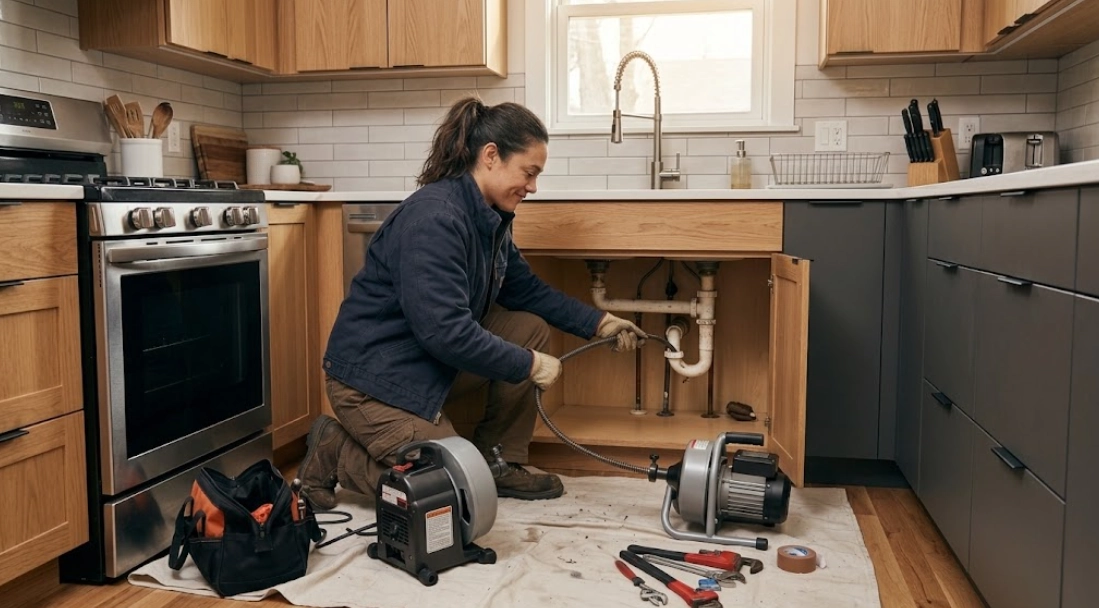 Plumber clearing stubborn trap stoppage during kitchen sink drain cleaning in Cypress Hills Brooklyn