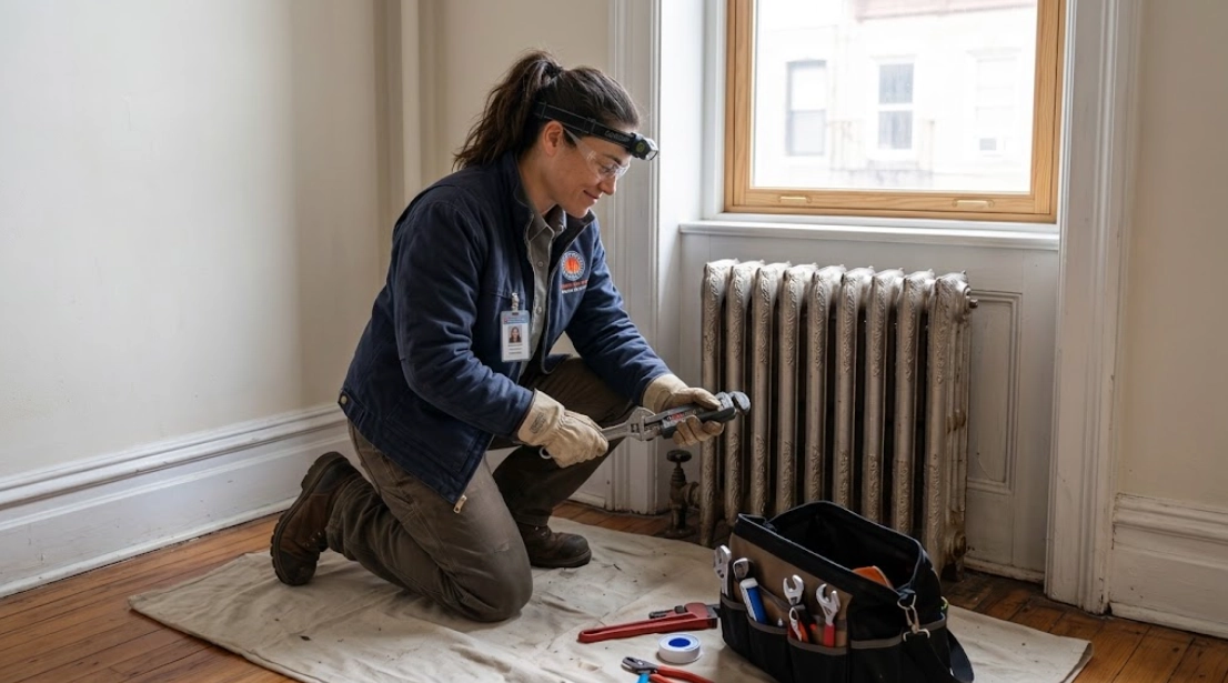 Technician performing steam radiator valve repair and vent replacement in a Brooklyn home