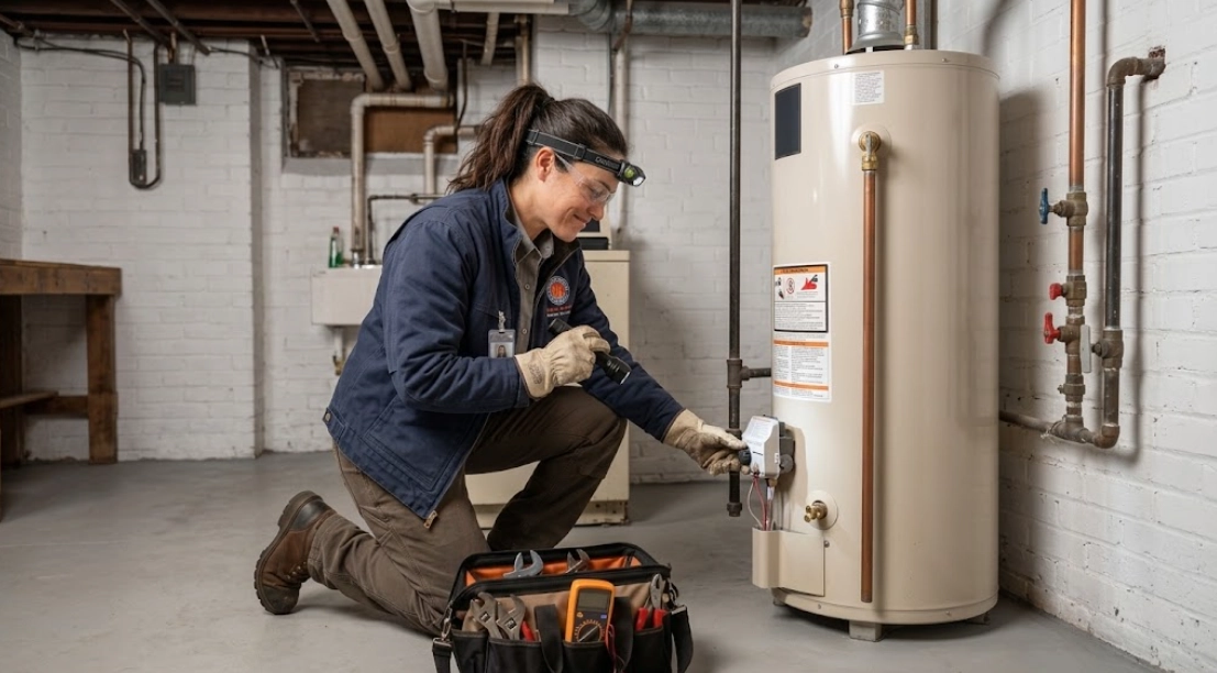 Plumber testing gas valve and temperature controls for water heater repair in Cypress Hills Brooklyn